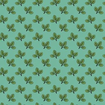 Seamless pattern of stylized green leaves on a teal background.  Perfect for  Stock Illustration