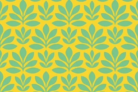 Seamless pattern of stylized green leaves on a vibrant yellow background Stock Illustration