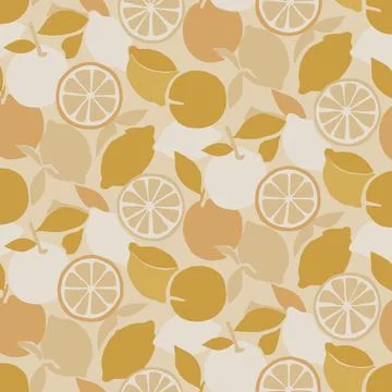 Seamless Pattern with Stylized Lemons and Oranges in Warm Tones. Stock Illustration