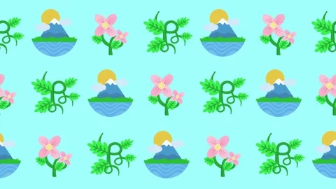 Seamless pattern of stylized nature icon with mountain, sun, and flower cartoon Stock Footage 318394450