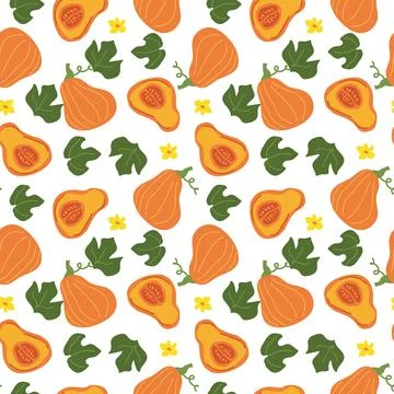 Seamless pattern of stylized orange pumpkins with green leaves and yellow Stock Illustration