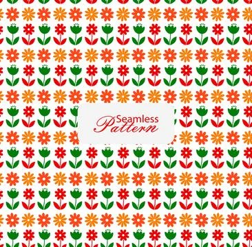 Seamless pattern of stylized orange red and green flowers in rows on white .. Stock Illustration