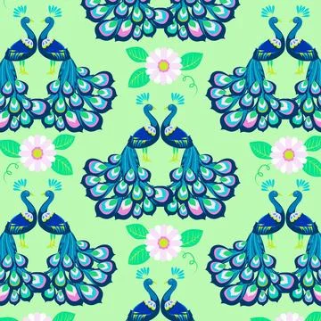 Seamless pattern of stylized Peacock and flowers in warm colors. Ilustração Stock