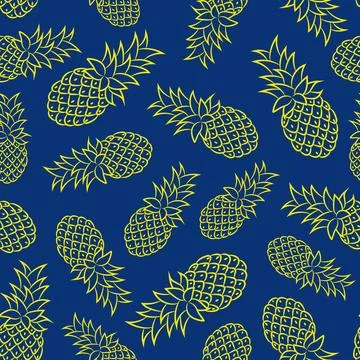 Seamless pattern with stylized pineapples on a blue background. Illustrazione stock