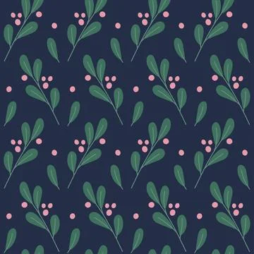Seamless pattern of stylized plants. Twigs with berries on a dark background. Stock Illustration