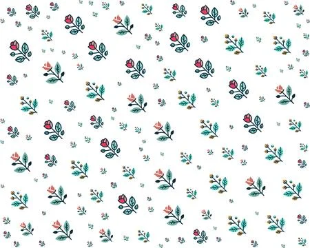 Seamless pattern of stylized red and coral roses with teal leaves and branches Stock Illustration