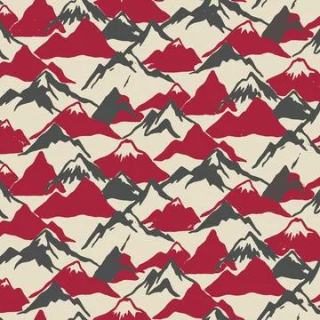 Seamless Pattern of Stylized Red and Grey Mountains with Snow Peaks on a Li.. Stock Illustration