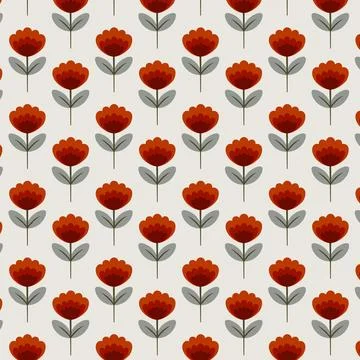 Seamless pattern of stylized red flowers with gray stems on beige Stock Illustration
