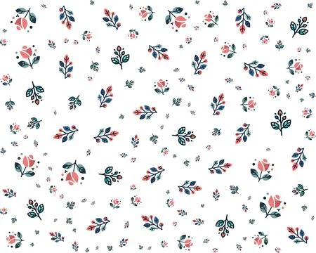 Seamless pattern with stylized roses and branches in coral blue and green Stock Illustration