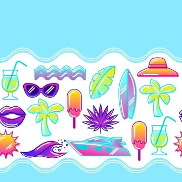 Seamless pattern with stylized summer objects. Abstract illustration in vibrant Stock Illustration