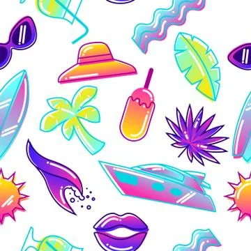 Seamless pattern with stylized summer objects. Abstract illustration in vibrant Stock Illustration