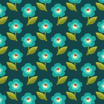 Seamless pattern of stylized teal and green wildflowers on a dark background Stock Illustration