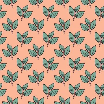 Seamless pattern of stylized teal leaves on a peach background.  Perfect for  Stock Illustration