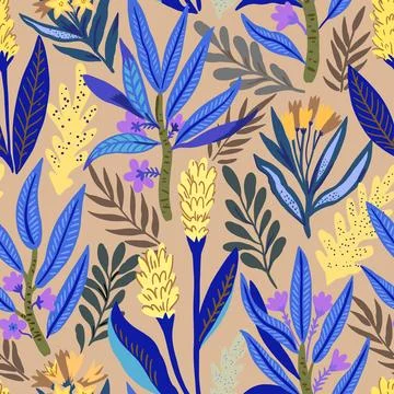Seamless pattern with stylized tropical plants and flowers. Vector illustration. Illustrazione stock