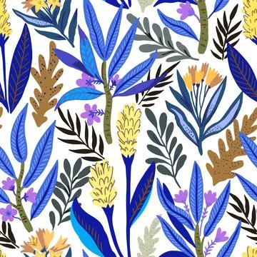 Seamless pattern with stylized tropical plants and flowers. Vector illustration. Illustrazione stock