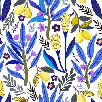 Seamless pattern with stylized tropical plants and flowers. Vector illustration. Illustrazione stock