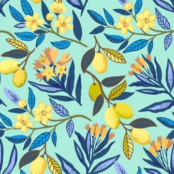 Seamless pattern with stylized tropical plants and flowers. Vector illustration. Stock Illustration