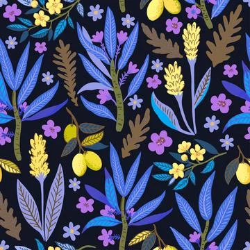 Seamless pattern with stylized tropical plants and flowers. Vector illustra.. Stock Illustration