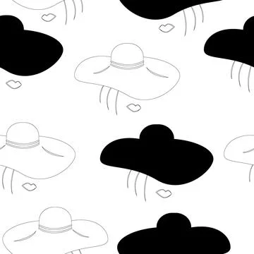 Seamless pattern of a stylized woman face with wide brimmed hat in different Stock Illustration