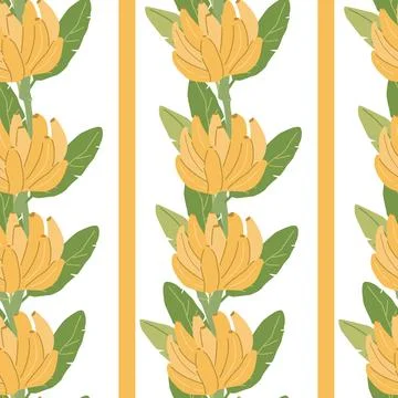 Seamless pattern of stylized yellow protea flowers with green leaves on white Stock Illustration