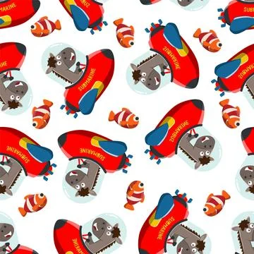 Seamless pattern submarine with cute little horse under sea. Stock Illustration
