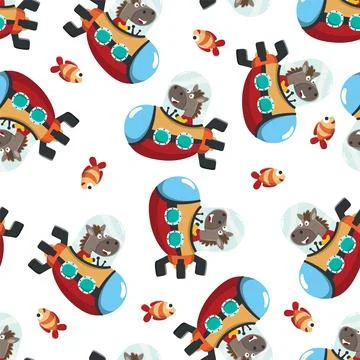 Seamless pattern submarine with cute little horse under sea Stock Illustration