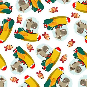 Seamless pattern submarine with cute little horse under sea. Stock Illustration