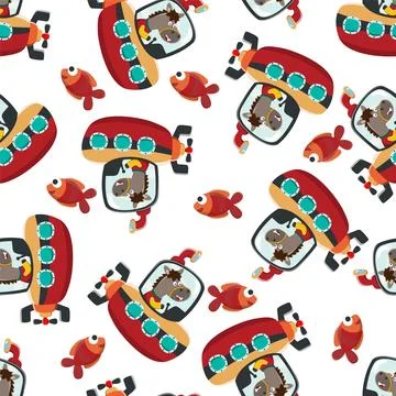 Seamless pattern submarine with cute little horse under sea. Stock Illustration