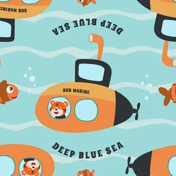 Seamless pattern submarine with cute sailor under sea Stock Illustration