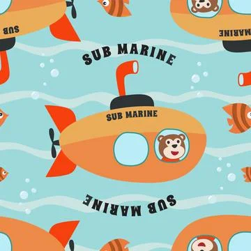 Seamless pattern submarine with cute sailor under sea. Stock Illustration