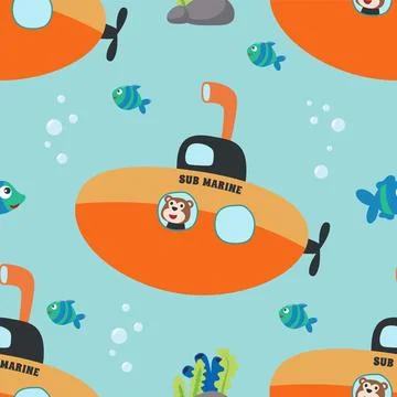 Seamless pattern submarine with cute sailor under sea. Stock Illustration
