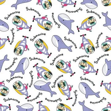 Seamless pattern of submarine with cute sailor under sea Stock Illustration