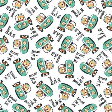Seamless pattern of submarine with cute sailor under sea. Stock Illustration