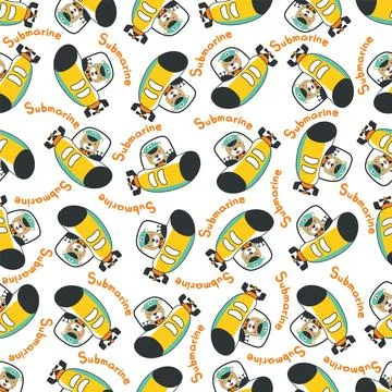 Seamless pattern of submarine with cute sailor under sea. Stock Illustration
