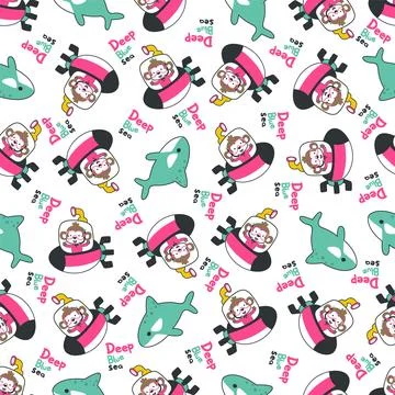 Seamless pattern of submarine with cute sailor under sea Stock Illustration