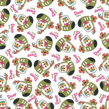 Seamless pattern of submarine with cute sailor under sea. Stock Illustration