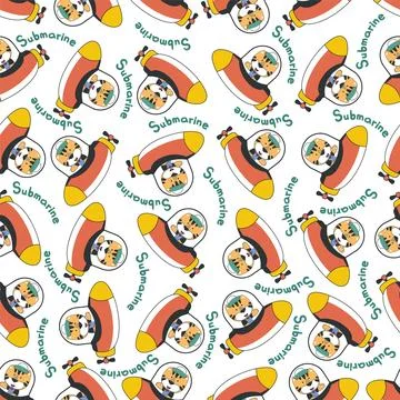 Seamless pattern of submarine with cute sailor under sea. Stock Illustration