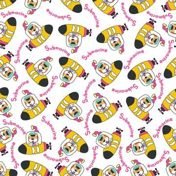 Seamless pattern of submarine with cute sailor under sea. Stock Illustration