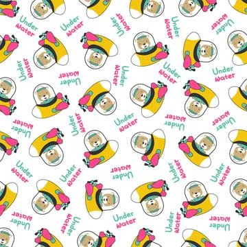 Seamless pattern of submarine with cute sailor under sea. Stock Illustration