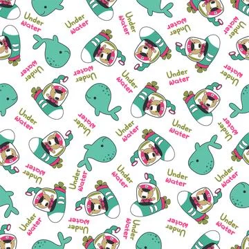 Seamless pattern of submarine with cute sailor under sea. Stock Illustration