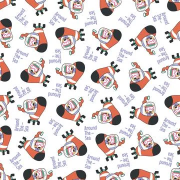 Seamless pattern of submarine with cute sailor under sea. Stock Illustration