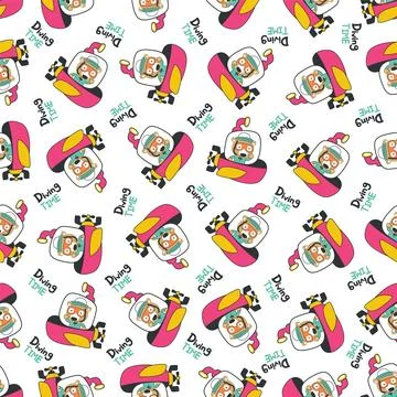 Seamless pattern of submarine with cute sailor under sea. Stock Illustration