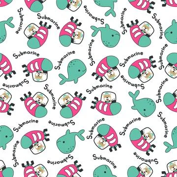 Seamless pattern of submarine with cute sailor under sea. Stock Illustration