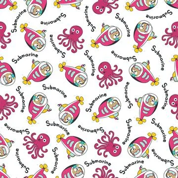 Seamless pattern of submarine with cute sailor under sea. Stock Illustration