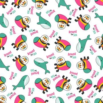 Seamless pattern of submarine with cute sailor under sea. Stock Illustration