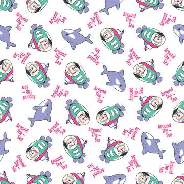 Seamless pattern of submarine with cute sailor under sea. Stock Illustration