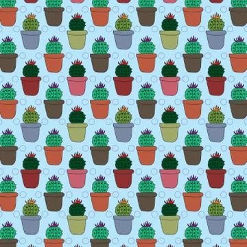 Seamless pattern with succulent cactus plant. cacti in simple pots. cute cart Stock Illustration