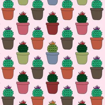 Seamless pattern with succulent cactus plant. cacti in simple pots. cute cart 스톡 일러스트
