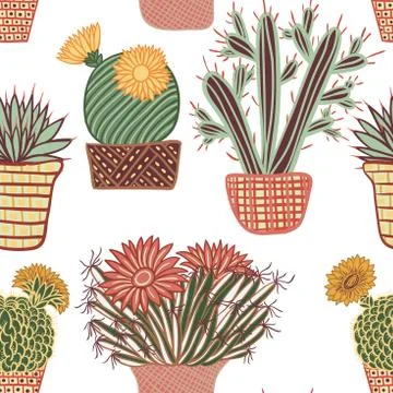 Seamless pattern with succulent plants and cactuses in pots. Stock Illustration