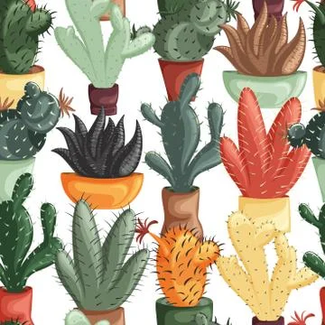 Seamless pattern with succulent plants and cactuses in pots Stock Illustration